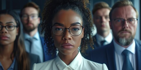 Obraz premium A woman with glasses stands in front of a group of people. Concept of professionalism and formality, as the people are dressed in suits and ties
