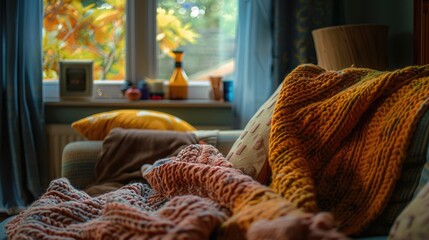 A cozy living room with a window and a blanket on the couch. The blanket is orange and yellow, and it looks like it's been used a lot. The room has a warm and inviting atmosphere, perfect for relaxing