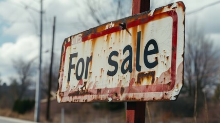 A sign that says for sale is rusted and old