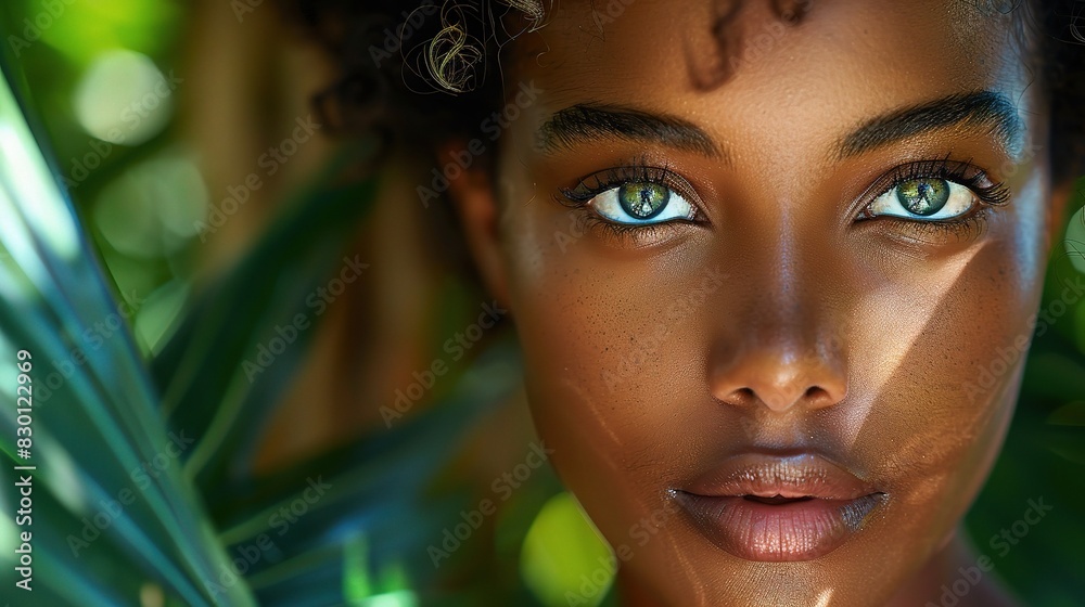 Canvas Prints black woman with beautiful, clear face skin, outdoors in natural light, with a lush green background