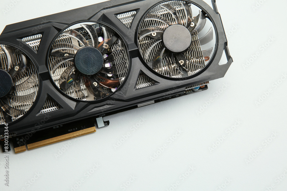 Fototapete one graphics card on color background, top view. space for text