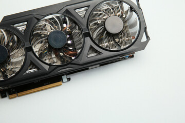 One graphics card on color background, top view. Space for text