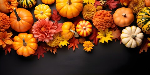 Flat lay of autumnal elements for Thanksgiving with leaves pumpkins and flowers. Concept Autumn Decor, Thanksgiving Inspiration, Seasonal Flat Lay, Fall Elements, Harvest Arrangement