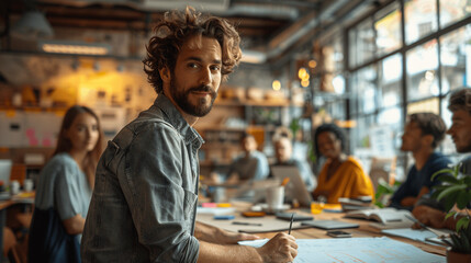 Young Male Designer Drawing on Whiteboard with Diverse Colleagues in Modern Office

