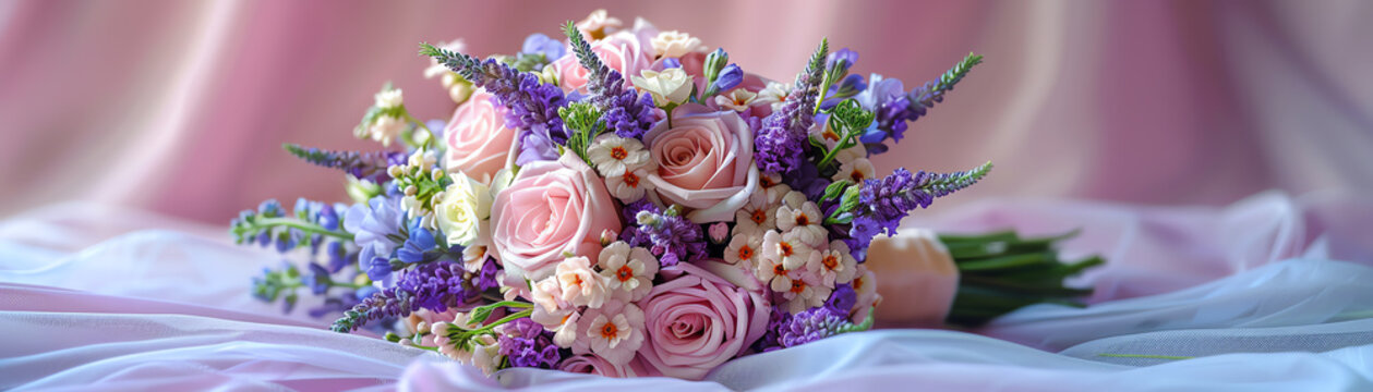 A beautiful bouquet of pink and purple flowers, perfect for a wedding or special occasion.