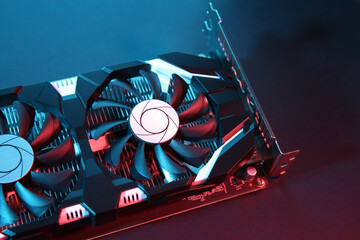 Computer graphics card on color background, closeup