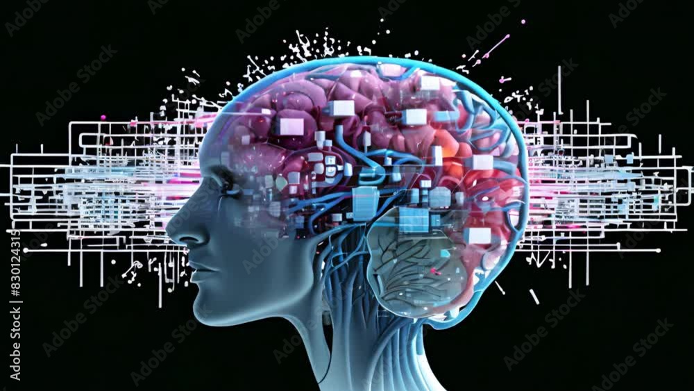 Poster AI robot's head containing a computer chip.