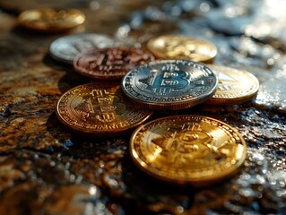 Bitcoin gold coins on dark background. Cryptocurrency, Digital money.