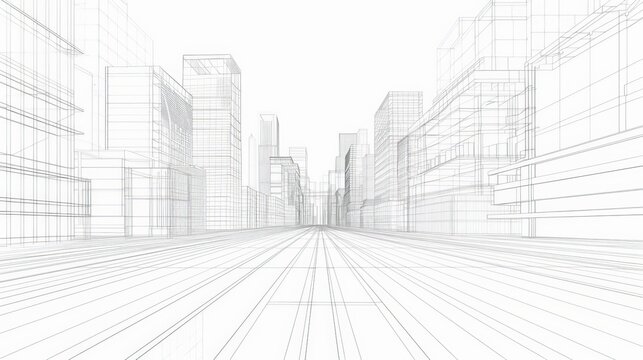 A city street with tall buildings and a large empty road