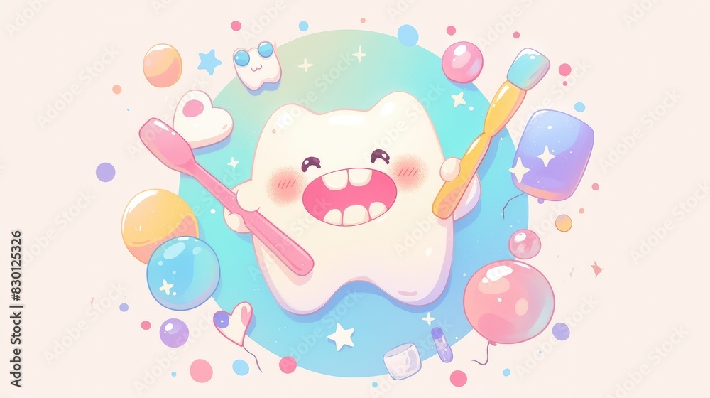 Wall mural A charming kawaii caricature showcasing the importance of dental care complete with a sparkling smile floss and colorful bubbles and stars is beautifully framed in a circular design against - Wall murals