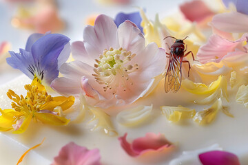 A close-up of a dessert featuring edible flower petals and candied insects, in a garden party setting, with an emphasis on delicate beauty and sophistication