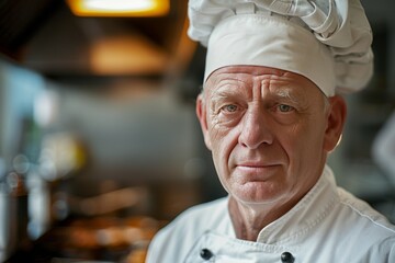 Mature chef, confident, professional, digital SLR, standard zoom, daytime, kitchen portrait, digital, high realism, culinary light. , background blur