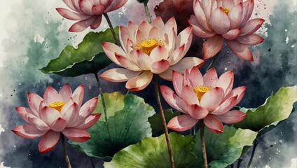 Lotus flowers under the blooming sakura branch on white background. Watercolor illustration