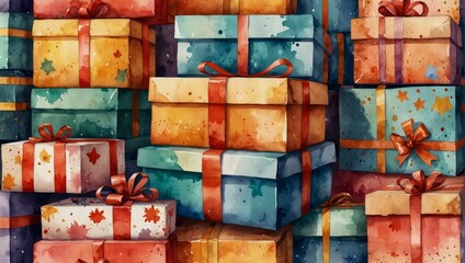 Pile of colorful gift box illustration materials. Watercolor illustration