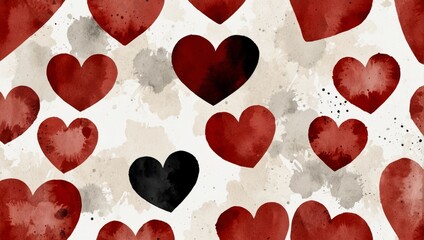 Red watercolor grunge heart with small black heart inside on white background. Watercolor illustration