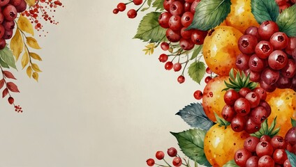 Red and yellow berries in corner floral arrangements, blank Christmas or autumn wedding or party invitations with colorful berry border design. Watercolor illustration