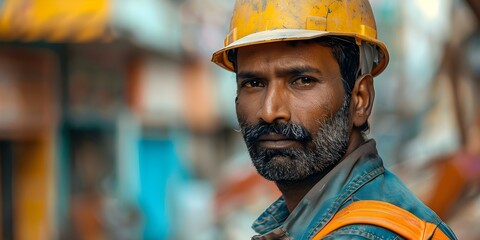 Indian man in hard hat at construction site working on building. Concept Construction Worker, Building Site, Hard Hat, Indian Man, Work in Progress