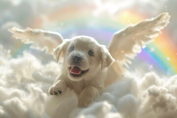 A small dog is flying through the sky with a rainbow in the background