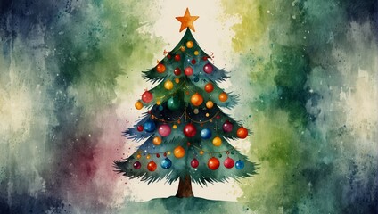 Stylized Christmas tree with colorful ornaments. Watercolor illustration