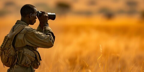African ranger on conservation mission holding binoculars scanning vast savanna for poachers. Concept Wildlife Conservation, Savanna Ranger, Anti-Poaching Efforts, Binoculars, African Wildlife