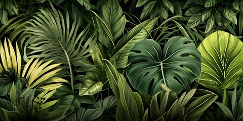 Tropical forest wallpaper featuring monstera and palm leaves in a handdrawn pattern. Concept Botanical Illustration, Tropical Design, Hand-drawn Pattern, Monstera Leaves, Palm Trees