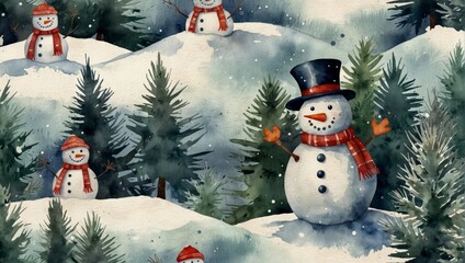 Watercolor Christmas greeting card with snowmen party and spruce branches. Hand drawn vintage illustration on white background. Watercolor illustration