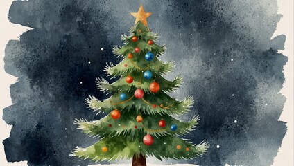 Watercolor Christmas tree illustration. Happy New Year card. Watercolor illustration