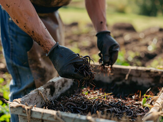 A farmer harvesting edible worms from a sustainable farm, showcasing the farming process in a rural setting, with a focus on natural and sustainable practices