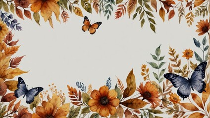 Watercolor autumn fall floral flowers herbal wreath transparent background with butterflies. Watercolor illustration
