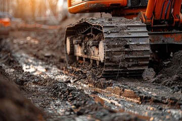 Fototapeta premium A dirty orange construction vehicle with mud on its tracks