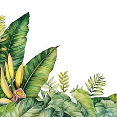 Tropical leaves and banana plant on white background, vibrant and exotic greenery perfect for summer design and decoration projects.