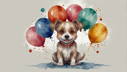 Watercolor cute little dog with balloons. Isolated on white background. Watercolor illustration