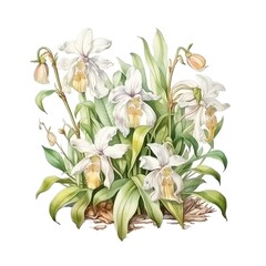 Beautiful watercolor illustration of white orchids in full bloom, showcasing delicate petals and lush green leaves.