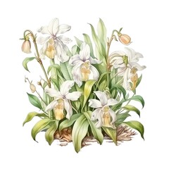 Obraz premium Beautiful watercolor illustration of white orchids in full bloom, showcasing delicate petals and lush green leaves.
