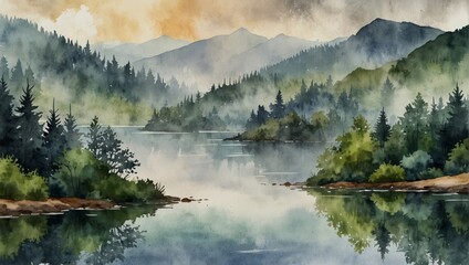 Watercolor foggy landscape of a forest, hills and a lake. Watercolor illustration