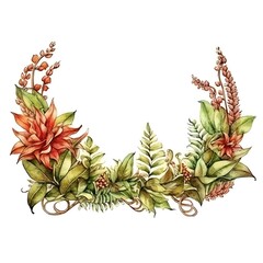 Fototapeta premium Beautiful watercolor floral arrangement with greens and vibrant orange flowers, perfect for invitations and design projects.
