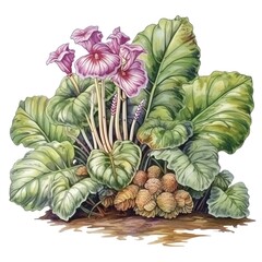 Fototapeta premium Detailed botanical illustration of lush green tropical plant with large leaves and vibrant pink flowers on a white background.