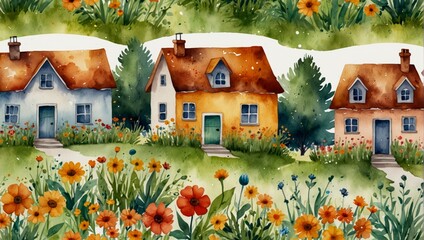 Watercolor little village and cute flowers on white background. Summer meadow. Illustration for card, border, banner or your other design. Cute little city. Watercolor illustration