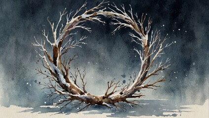 Watercolor wreath of bare branches. Beauty of winter nature. Watercolor illustration