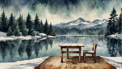 Winter background, landscape with fir, tree, lake and empty table. Watercolor hand drawn illustration. Watercolor illustration