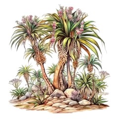Obraz premium Illustration of tropical plants with flowers and rocky terrain. Vibrant colors and detailed botanical artwork perfect for nature themes.