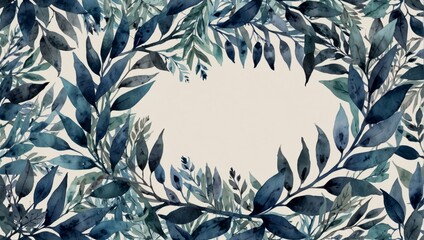 Watercolor wreath of blue branches with beautiful leaves. A decoration for greeting card. Put your text inside the wreath. Watercolor illustration