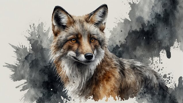Watercolor silver fox isolated on white background. Watercolor illustration