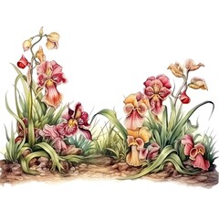 Beautiful watercolor illustration of blooming orchid flowers with vibrant colors and detailed petals, perfect for nature and art-themed projects.