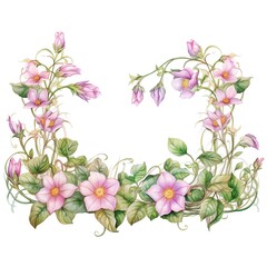Beautiful watercolor floral wreath with pink flowers and green leaves, perfect for wedding invitations or greeting cards.