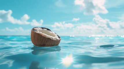 Half a coconut floats in crystal blue water, blue cloudless sky background for product presentation with beautiful lights and shadows, 16:9