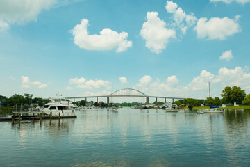 View of boats in the harbor and the bridge in Chesapeake City, Maryland