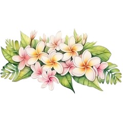 Fototapeta premium A beautiful watercolor illustration of pink and yellow plumeria flowers with green leaves, perfect for design and decor projects.