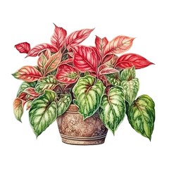 Obraz premium Vibrant watercolor illustration of a potted plant with colorful green and red leaves, perfect for home decor and gardening themes.