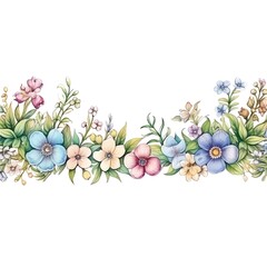 A beautiful watercolor floral border with various colorful flowers and green leaves, perfect for decorative purposes or design projects.